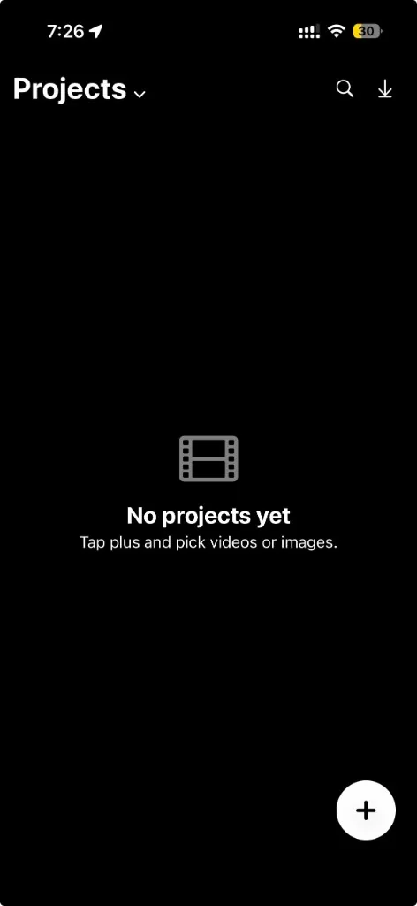 ShifuCut AI video editor app on iPhone, Projects screen with the plus button to add videos